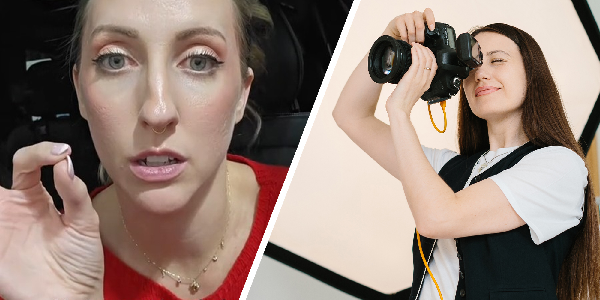 woman sharing story on tiktok about Photographer(l) Female Photographer taking a photo(r)