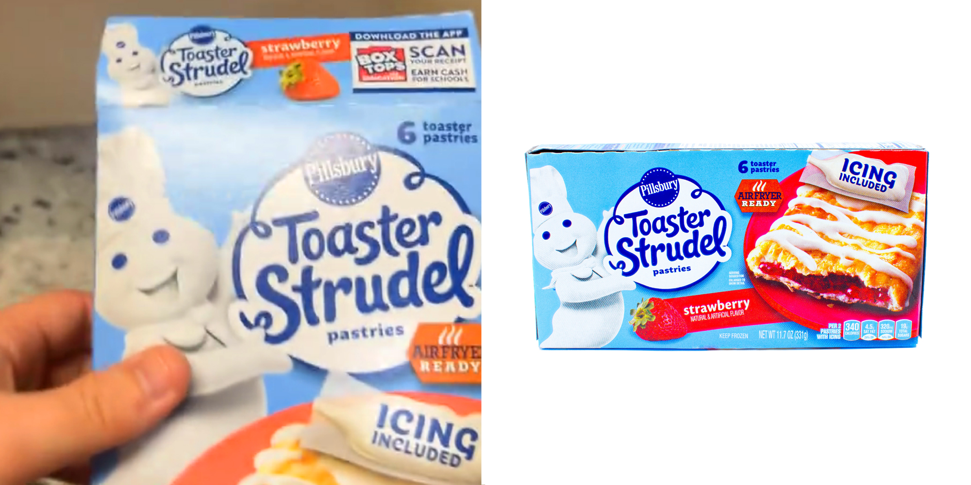 2 panel image: on the left a hand holds a box of Toaster Strudel. On the left we see a box of Pillsbury Toaster Strudel.