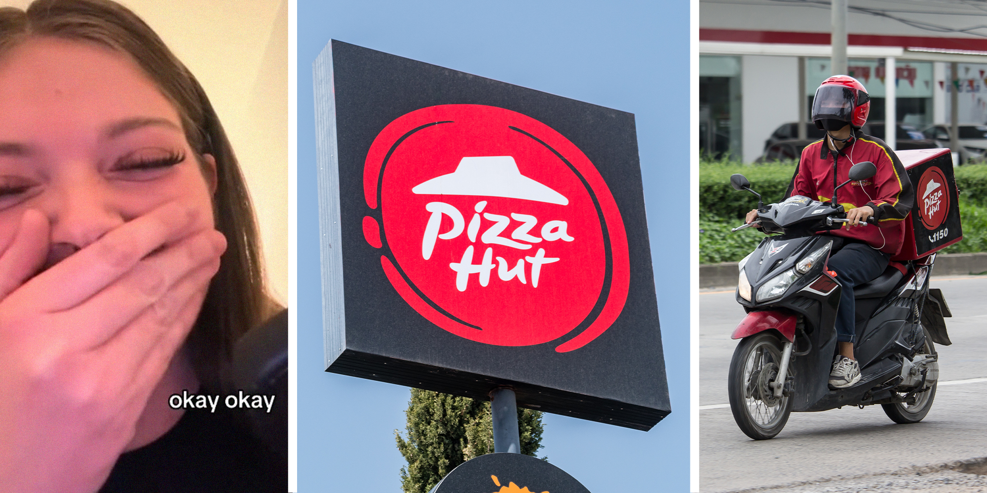 woman laughing while covering her face(l) Pizza Hut Sign(c) Pizza Hut Delivery(r)