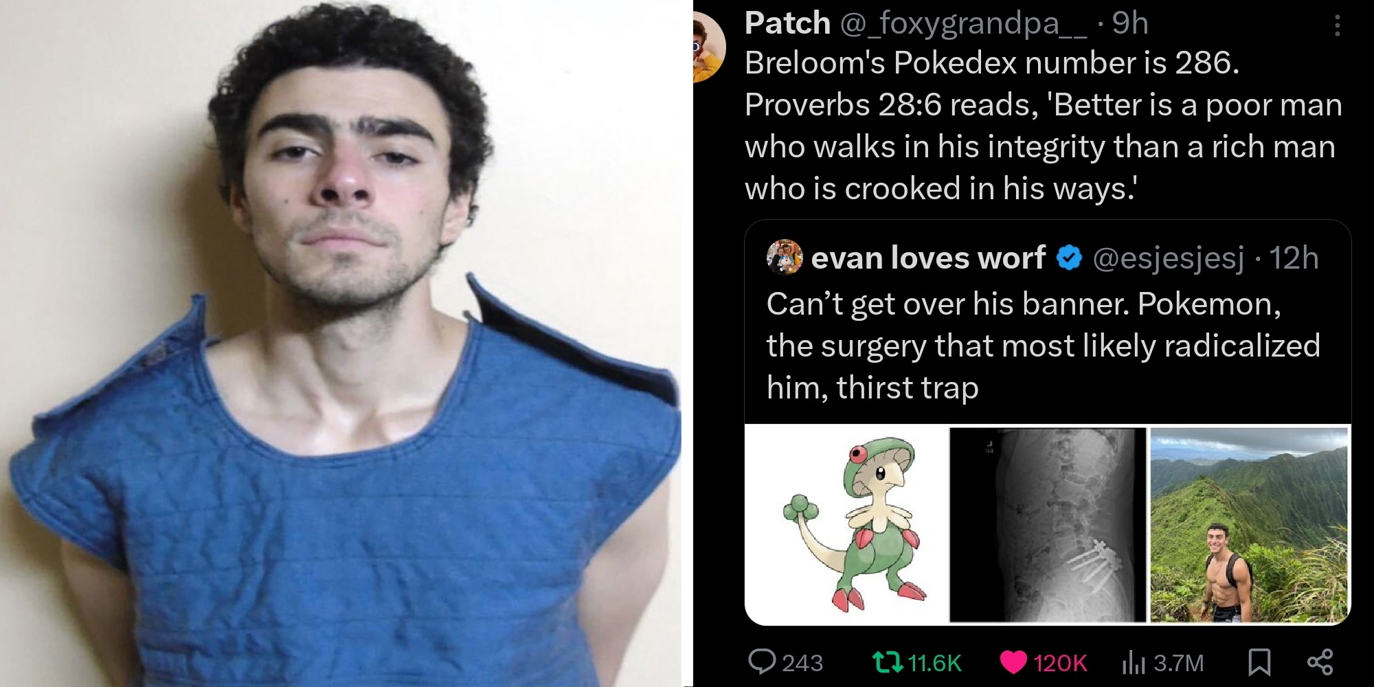 Luigi Mangione(l), Tweet about proverbs and pokemon(r)