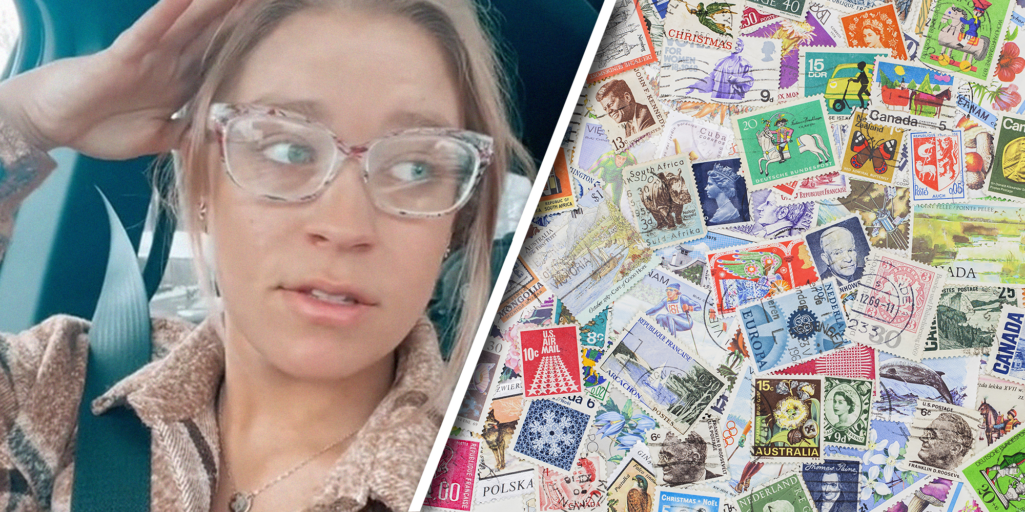 woman sharing information of Postage Stamps(l) Postage stamps from different countries and times(l)