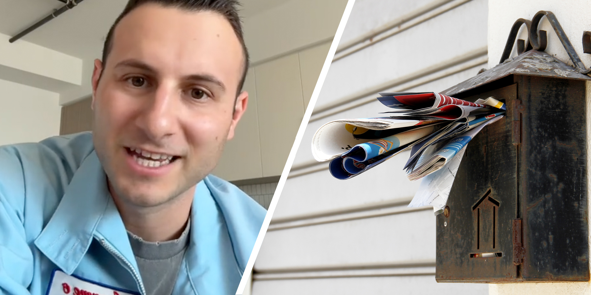 Man talking(l), Mailbox stuffed with mail(r)