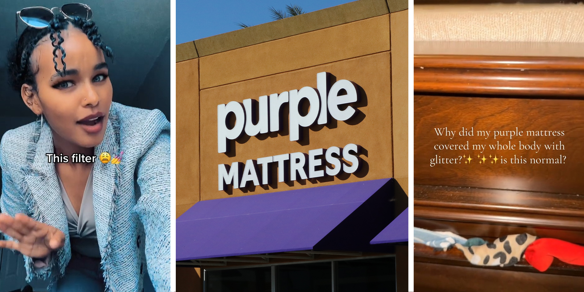 Woman shares she saw glitters after opening Purple Mattress(l) Purple Mattress sign(c) Glitters on Purple Mattress(r)