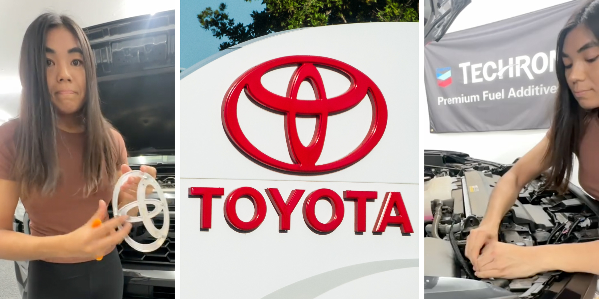 Woman talking(l), Toyota sign(c), Woman working on car(r)