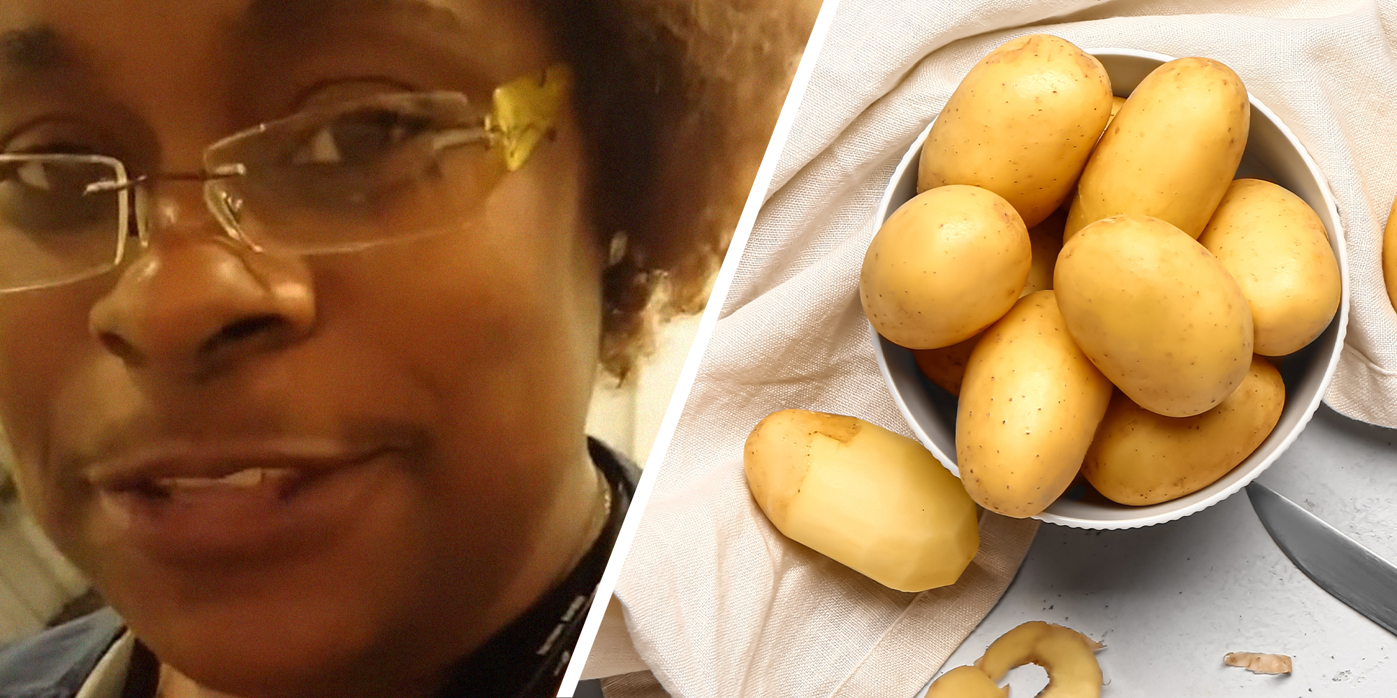 shopper sharing how to check potatoes properly(l) Bowl of Potatoes(r)