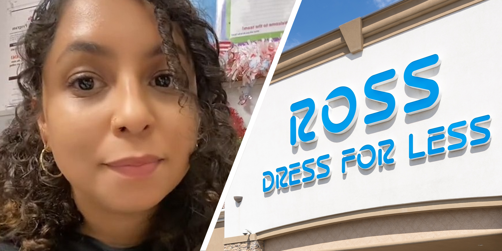 Ross Worker Sharing experience at store(l) Ross Dress For Less Store Front(r)