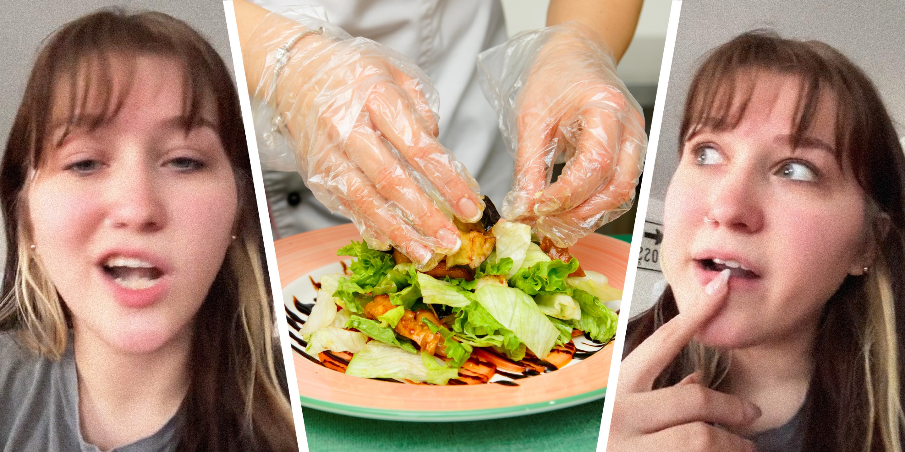 3 panel Image: on the sides a person explains, in the middle a restaurant worker prepares a salad while wearing gloves.