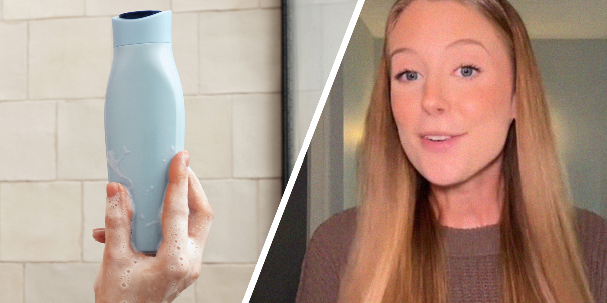 Soapy Hand holding Shampoo Bottle(l) Woman sharing information about shampoos(r)