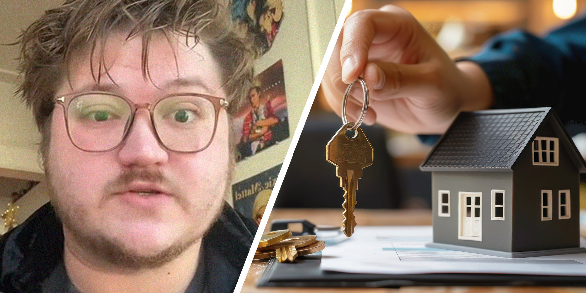man sharing he found someone living in his home(l) Person holding key to home(r)
