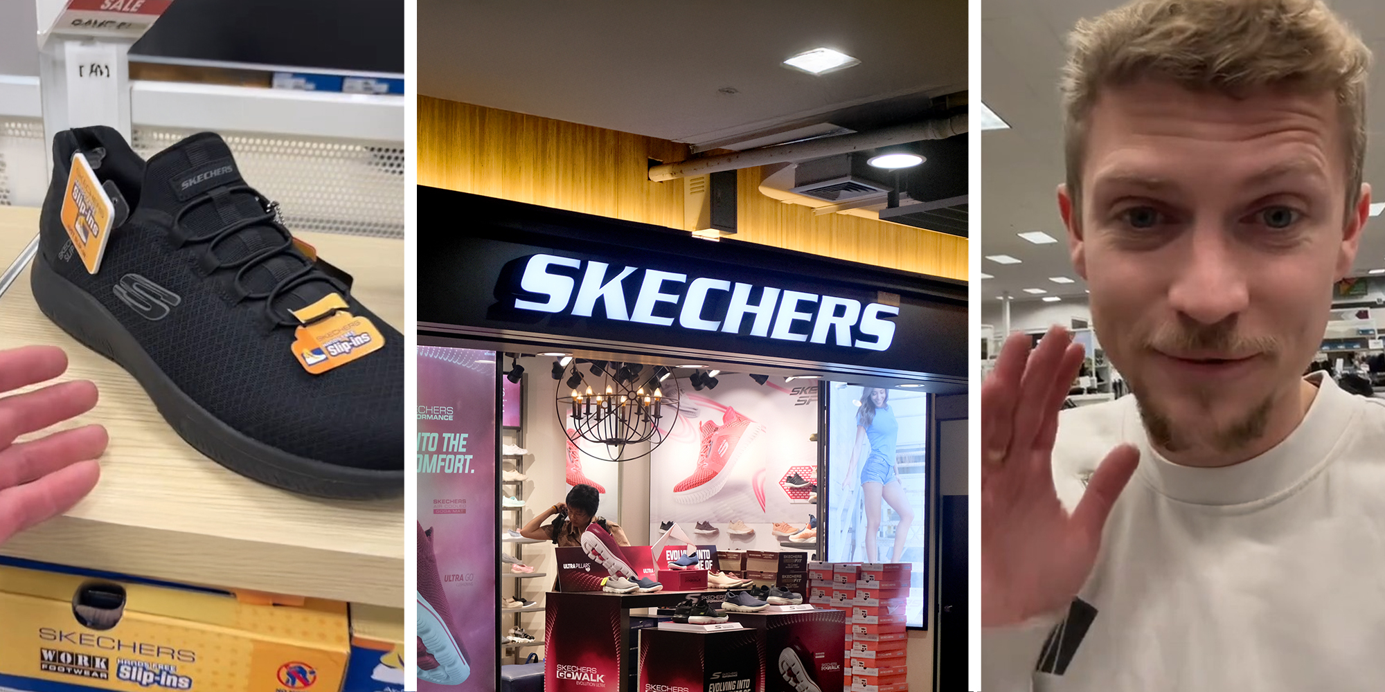 Skechers shoes(l) Skechers store front(c) Customer at Skechers Store(r)