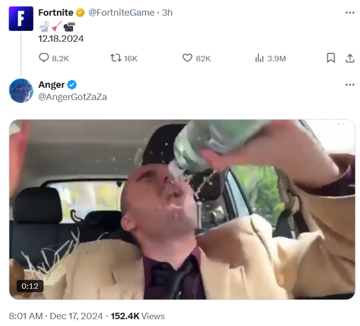 Tweet with a video of a man chugging and choking on alcohol.