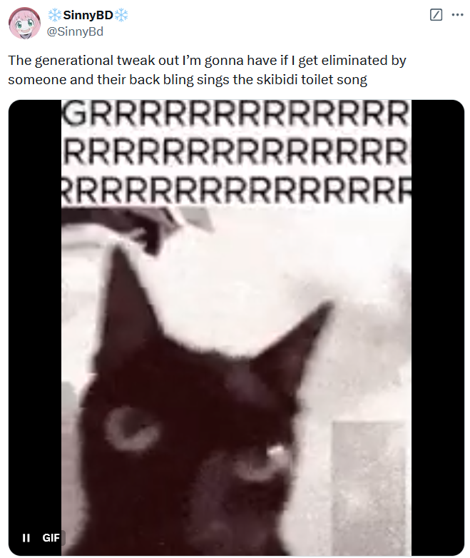 Skibidi Toilet Fortnite collab tweet with a gif of an angry black cat below the text "GRRRRRRRRRRRRRRRRRRRRRRRRRRR."