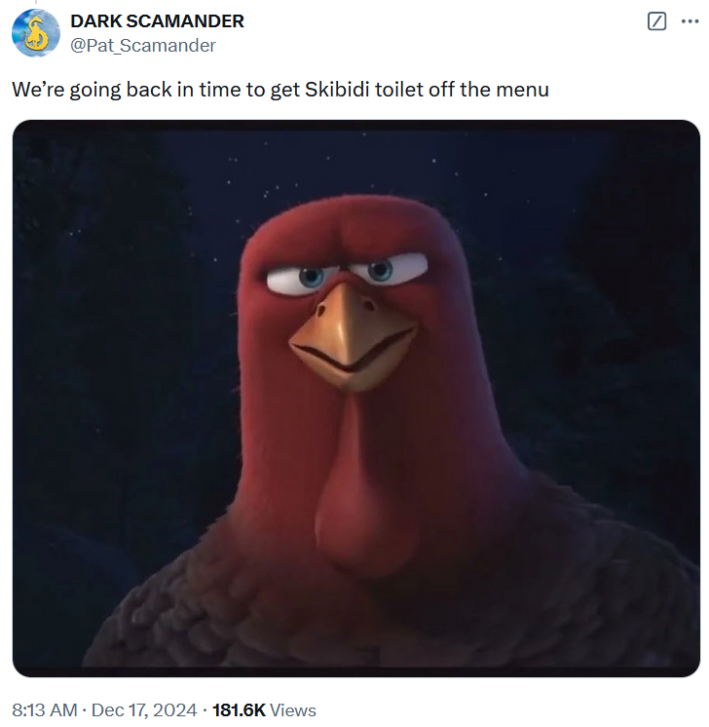 Skibidi Toilet Fortnite collab tweet with a screenshot of an angry cartoon chicken.
