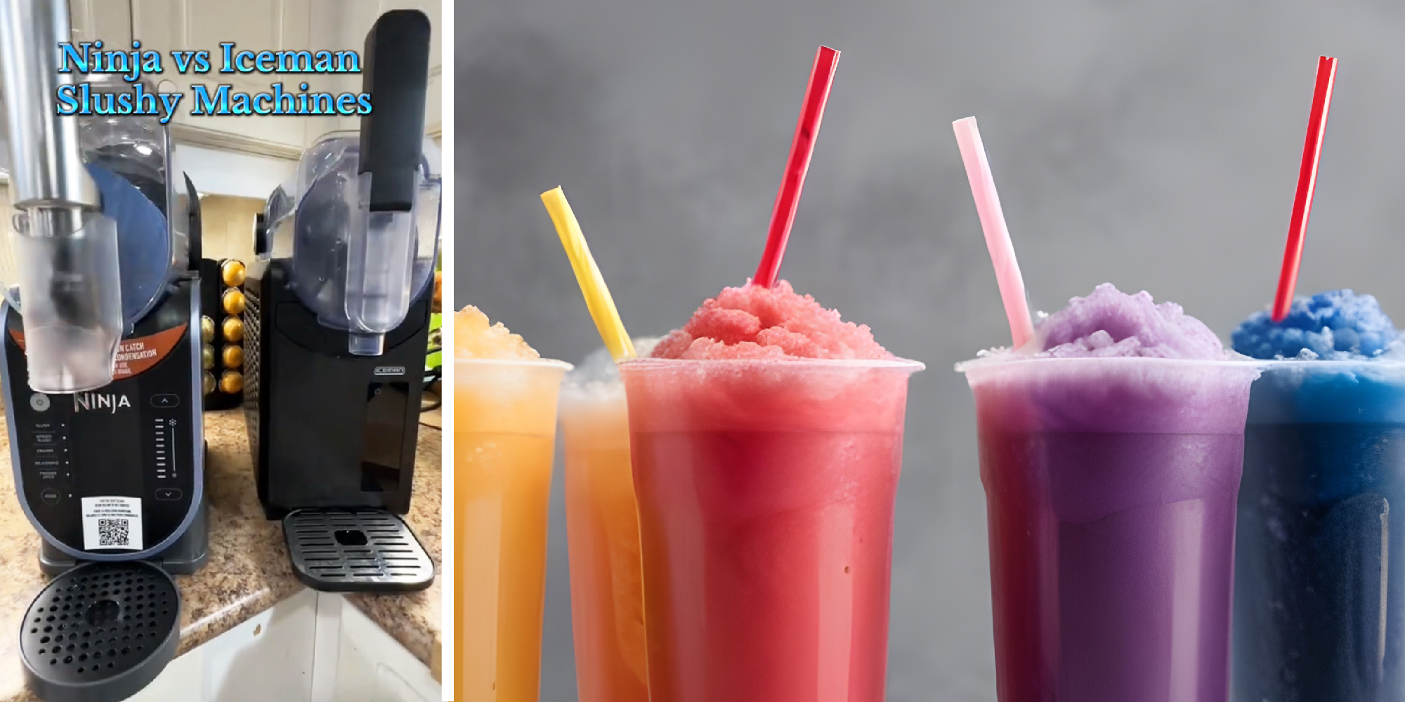 2 panel image: on the left are 2 slushy machines with text over: NInja Vs. Iceman Slushy Machines