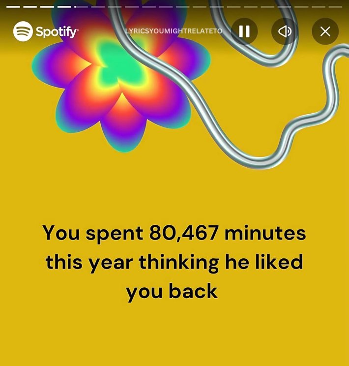 Spotify Wrapped meme that reads, "You spent 80,467 minutes this year thinking he liked you back."