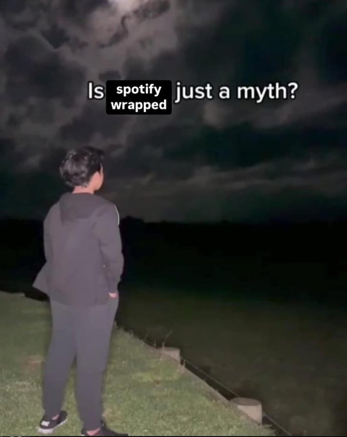 Spotify Wrapped meme that reads, "Is spotify wrapped just a myth?" with a person staring out at a darkened sky.