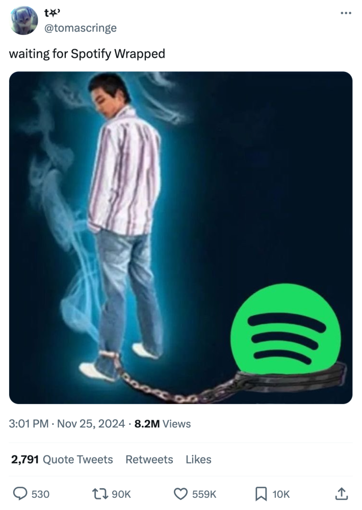 Tweet that reads, "Waiting for Spotify wrapped" with an image of a man with a chain around his leg looking back at the Spotify logo holding him in place.