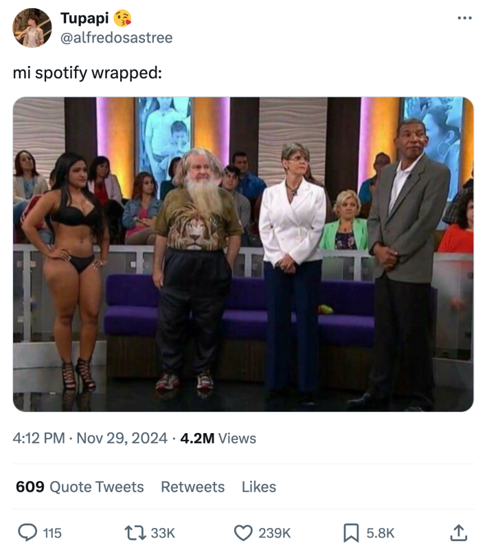 Tweet that reads, "mi spotify wrapped:" with a photo of four very different people on a sound stage.