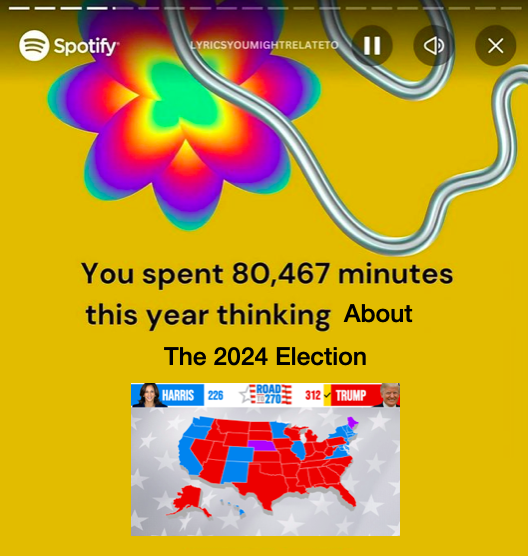 Spotify Wrapped meme that reads, "You spent 80,467 minutes this year thinking About The 2024 Election."