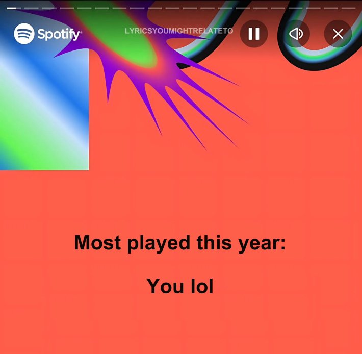 Spotify Wrapped meme that reads, "Most played this year: You lol."
