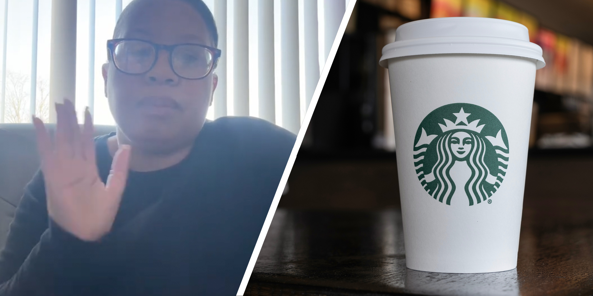 Woman talking(l), Starbucks cup(r)