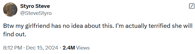 Tweet reading "Btw my girlfriend has no idea about this. I’m actually terrified she will find out."