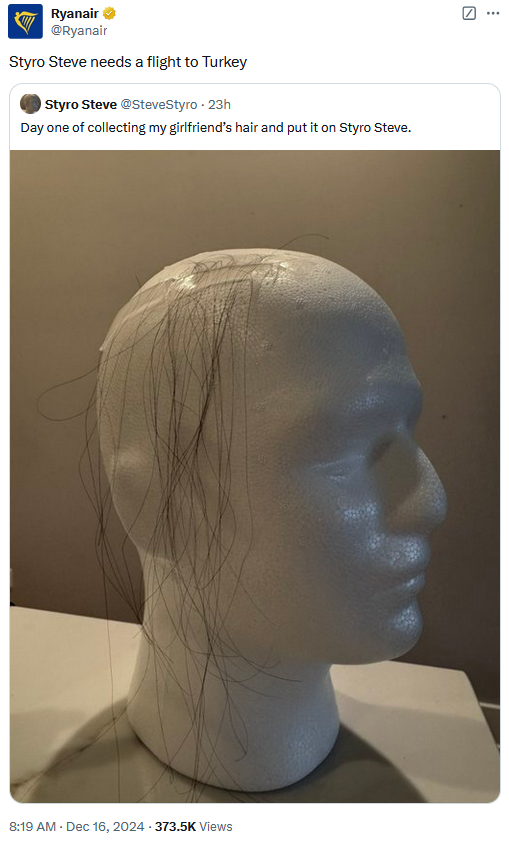 Ryanair quote tweet of a Styro Steve post reading "Styro Steve needs a flight to Turkey."