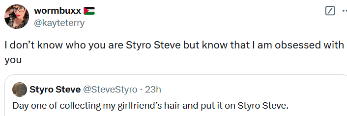 Quote tweet of a Styro Steve post reading "I don’t know who you are Styro Steve but know that I am obsessed with you."