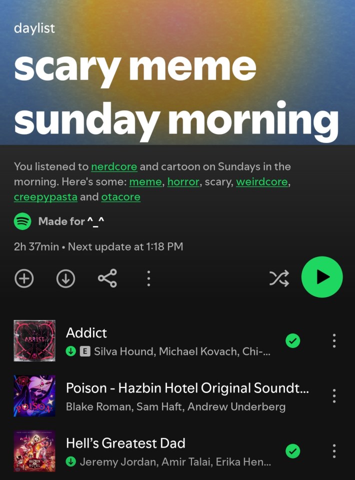 A screenshot of a Spotify playlist titled, "scary meme sunday morning"