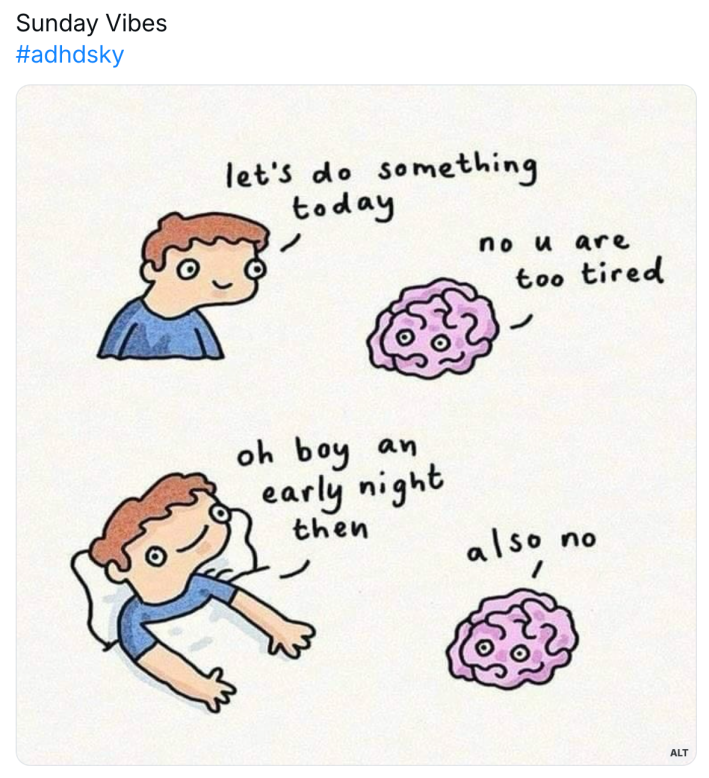 Sunday meme of a brain telling its human they're too tired to do anything, including sleeping.