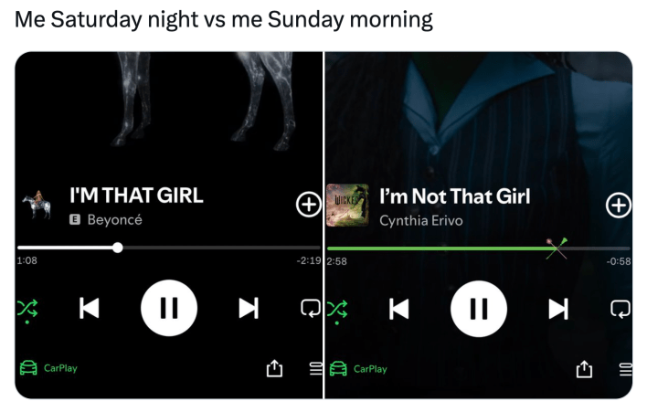 Sunday meme that reads, "Me Saturday night vs me Sunday morning." with screenshots of two songs: I'M THAT GIRL by Beyoncé and I'm Not That Girl from Wicked.