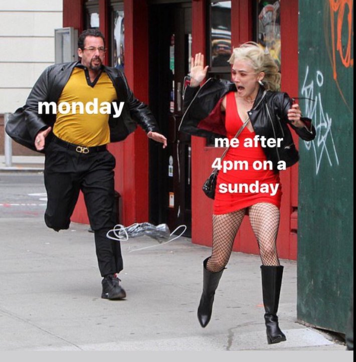 Sunday meme of a man in a yellow shirt with "Monday" on it chasing a woman in a red dress down the street as she screams. Text over her body reads, "me after 4pm on a sunday."