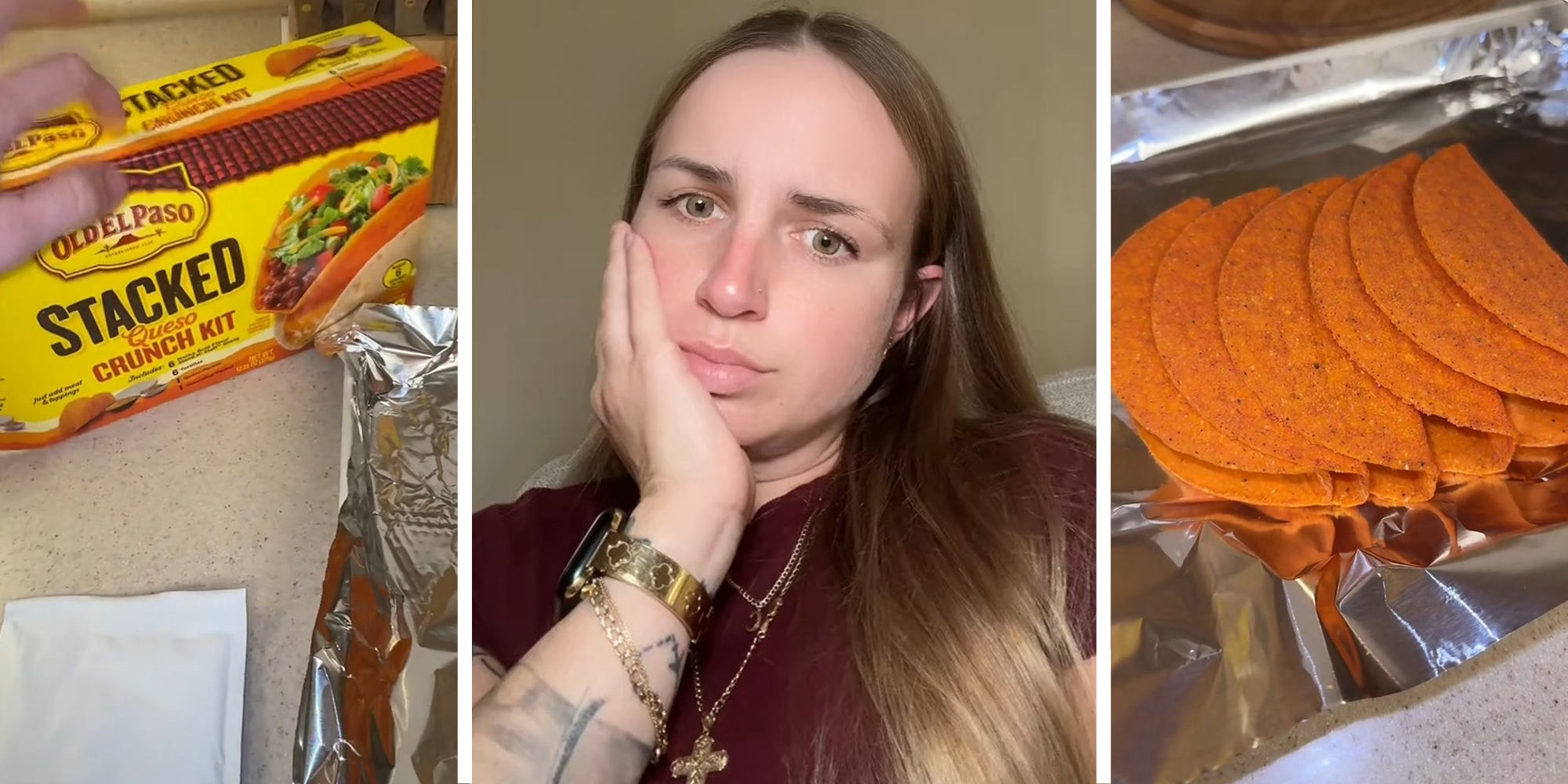 Old El Paso Taco Shell Box(l) Woman holding her face(c) Taco shells(r)