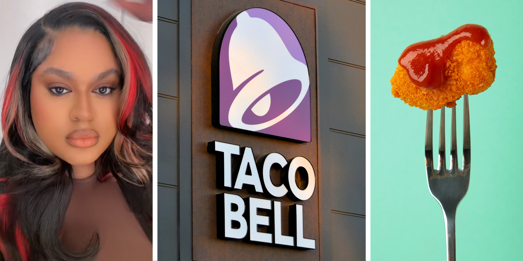 woman with red streaks on hair(l) Taco Bell Sign(c) Fork holding nugget(r)