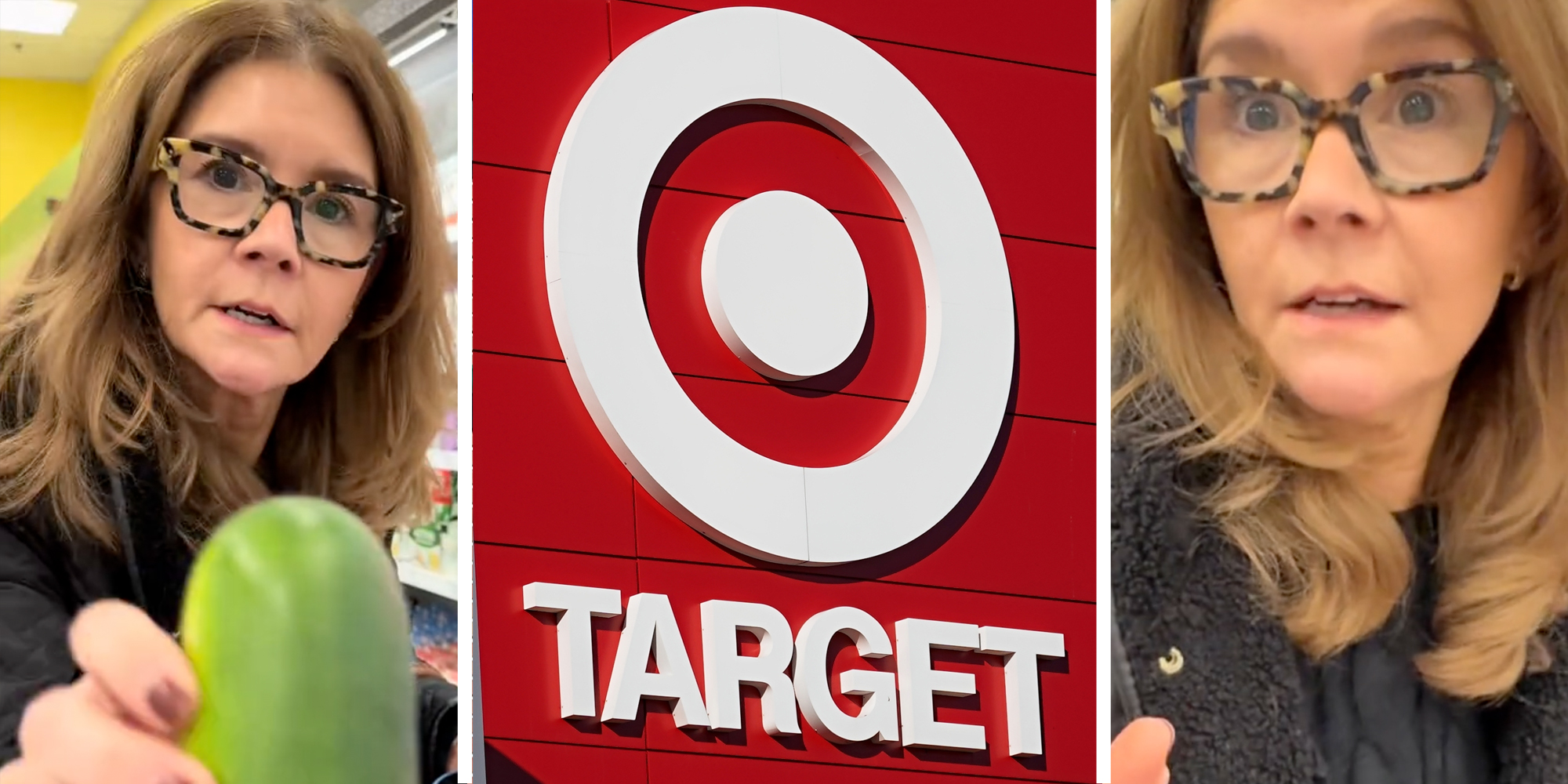 Woman with cucumber(l), Target sign(c), Woman talking(r)