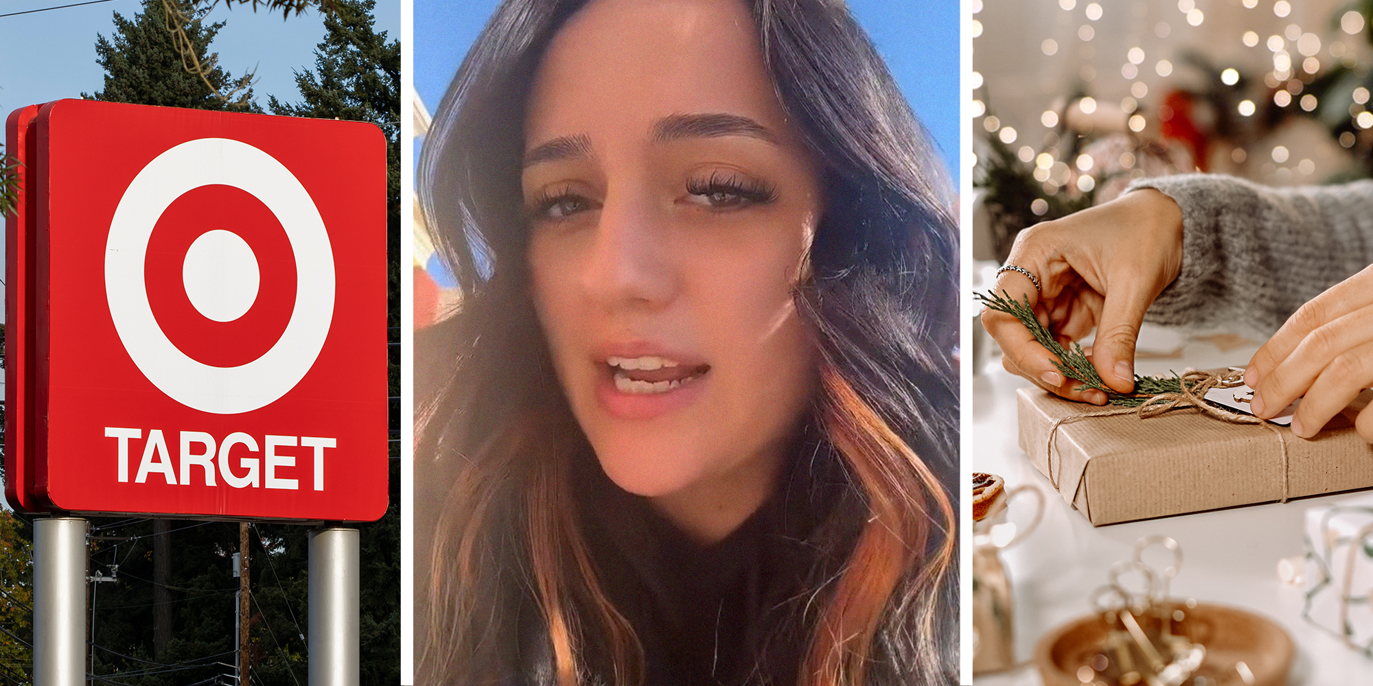 Target Store Sign(l) woman sharing story on TikTok Platform(c) person unwrapping gift (r)