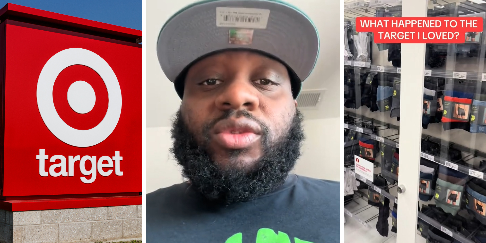 Target Store Sign(l) Man sharing video of him being at Target(c) Target closed shelves(r)