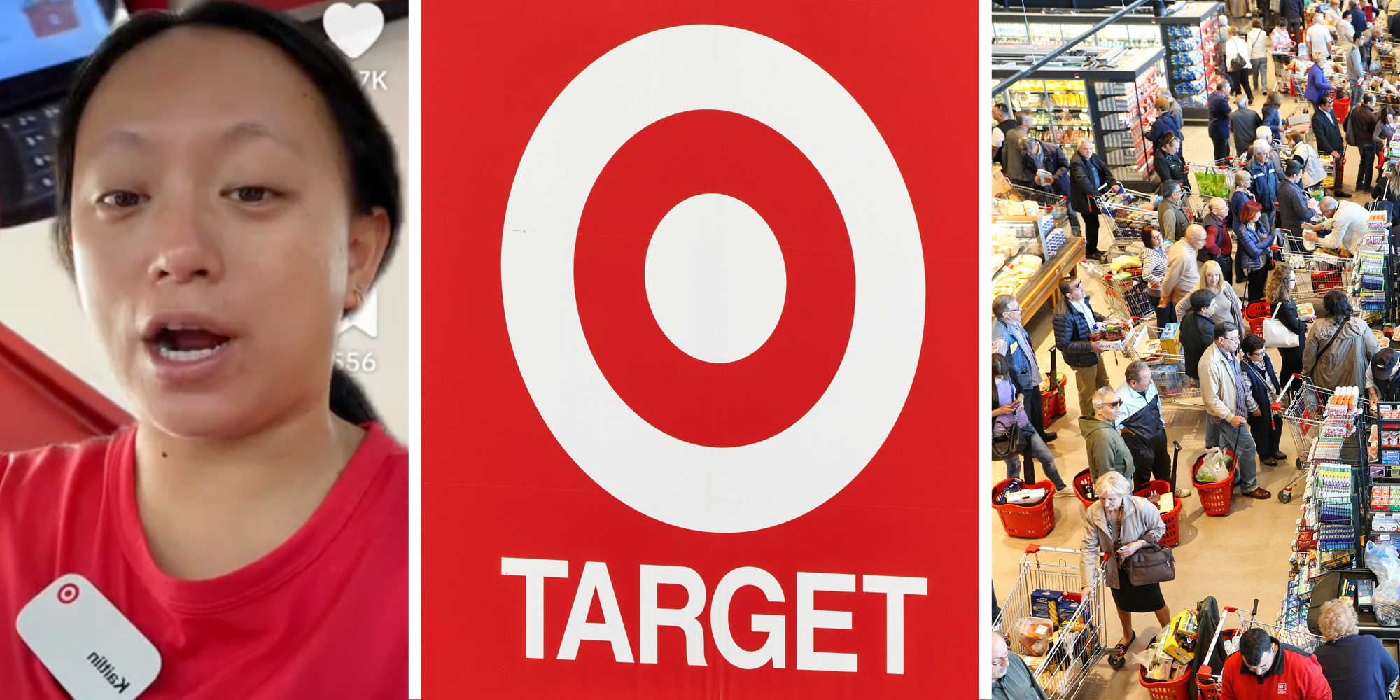 Woman talking(l), Target sign(c), Long lines(r)