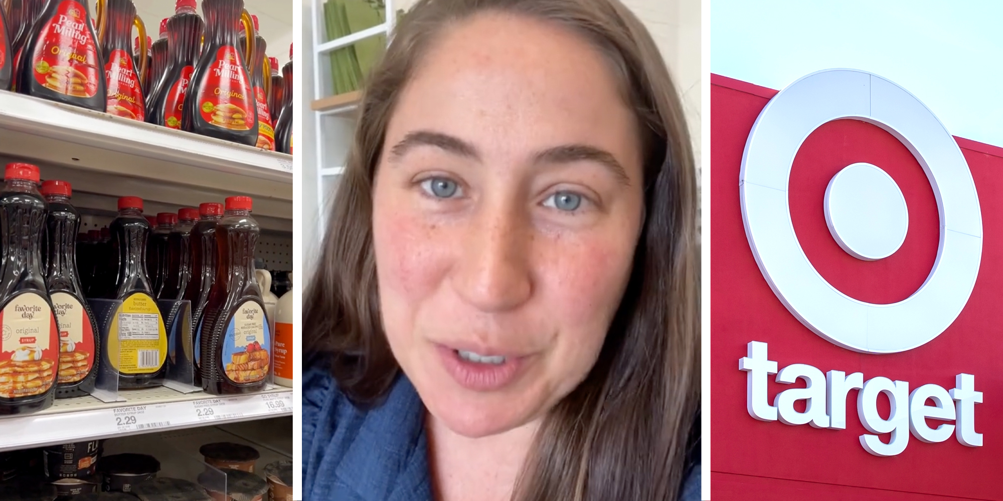 Syrup bottles on shelves(l), Woman talking(c), Target sign(r)