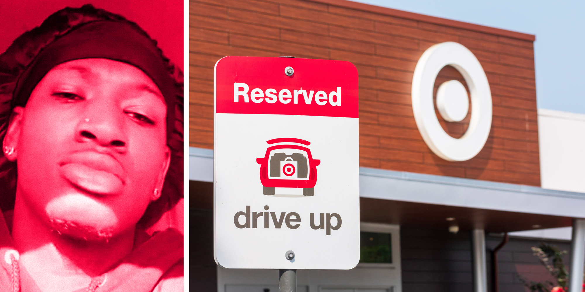 2 panel image: on the left a person looks at camera. on the right a reserved drive up sign in front of a Target store.