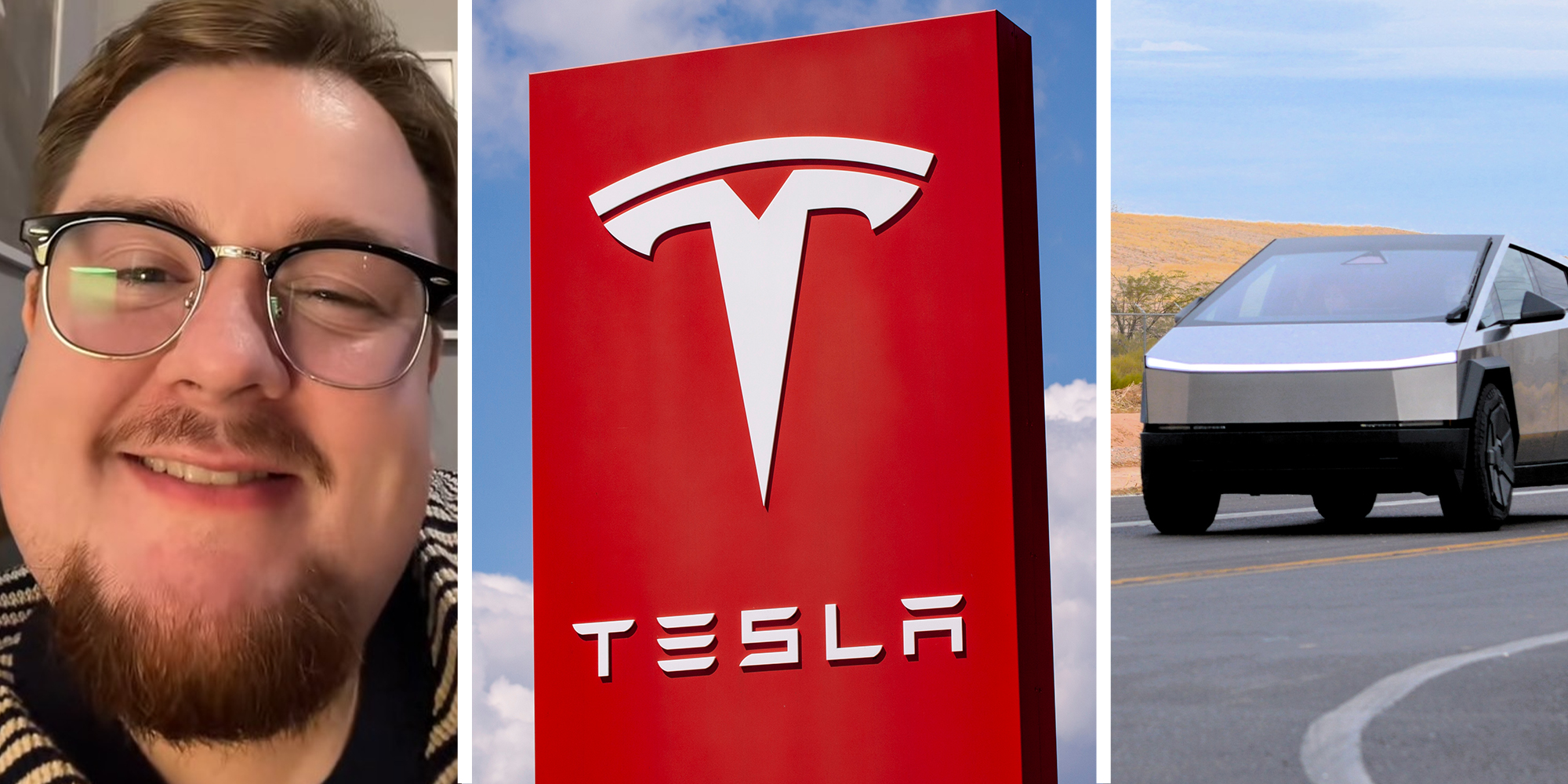 Man shares what was left behind when a Tesla sideswiped him(l) Tesla Dealer Sign(c) Tesla CyberTruck(r)