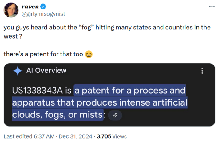 Tweet with a screenshot of an AI description of a fog machine patent reading "you guys heard about the “fog” hitting many states and countries in the west ? there’s a patent for that too."