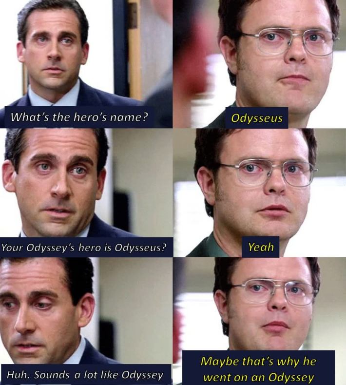 Christopher Nolan the odyssey: The Office meme with characters talking about Odysseus' name.
