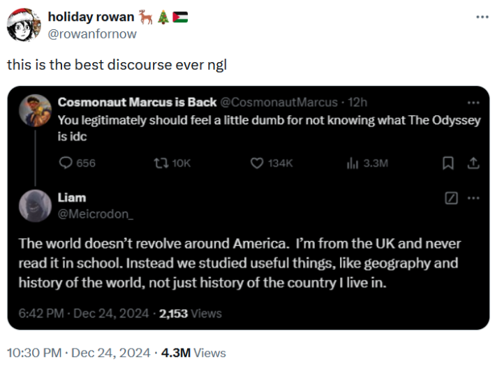 Tweet reading "this is the best discourse ever ngl" with a screenshot of people arguing about The Odyssey.