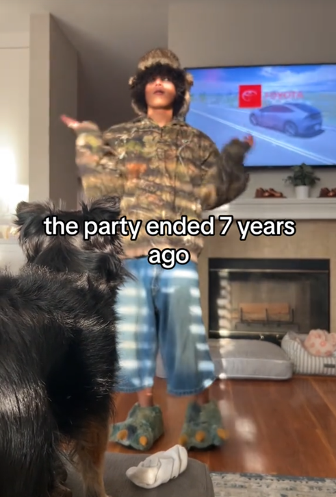 The Party Ended an Hour Ago and He's Still Here meme with a man in a camo hoodie saying "the party ended 7 years ago."