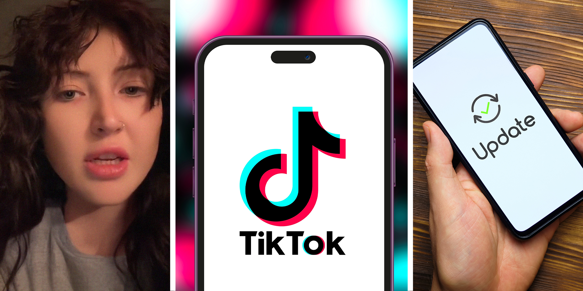 girl sharing why not to update TikTok App(l) TikTok Logo on phone with colorful background(c) Update icon on Phone screen(r)