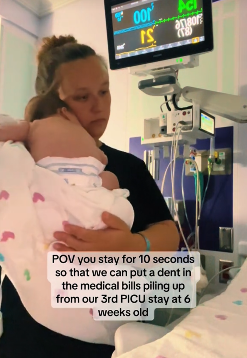 TikTok video of a woman in a hospital room holding an infant with a caption asking people to watch for 10 seconds to help her pay her medical bills.