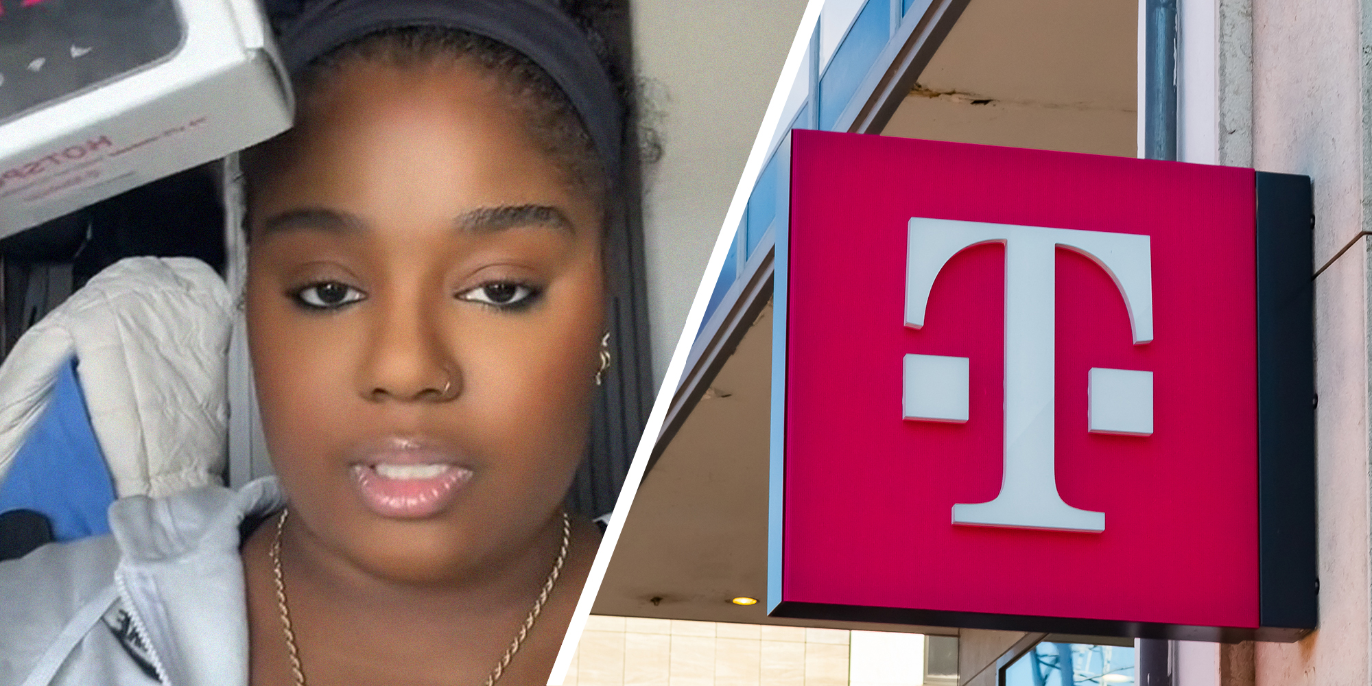 Woman holding up HotSpot Device(l) T-mobile Sign(R)
