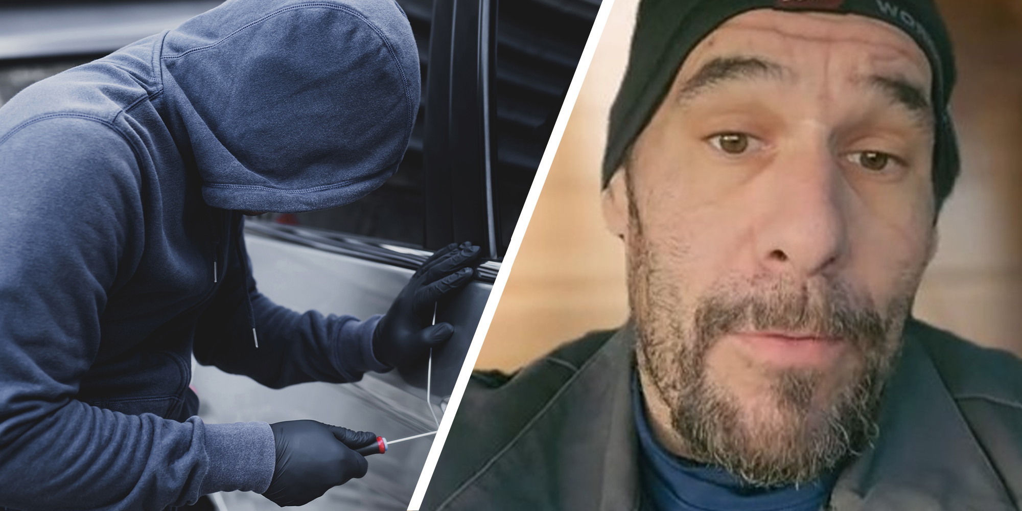 person breaking into car(l) Man sharing the most stolen vehicles in america(r)