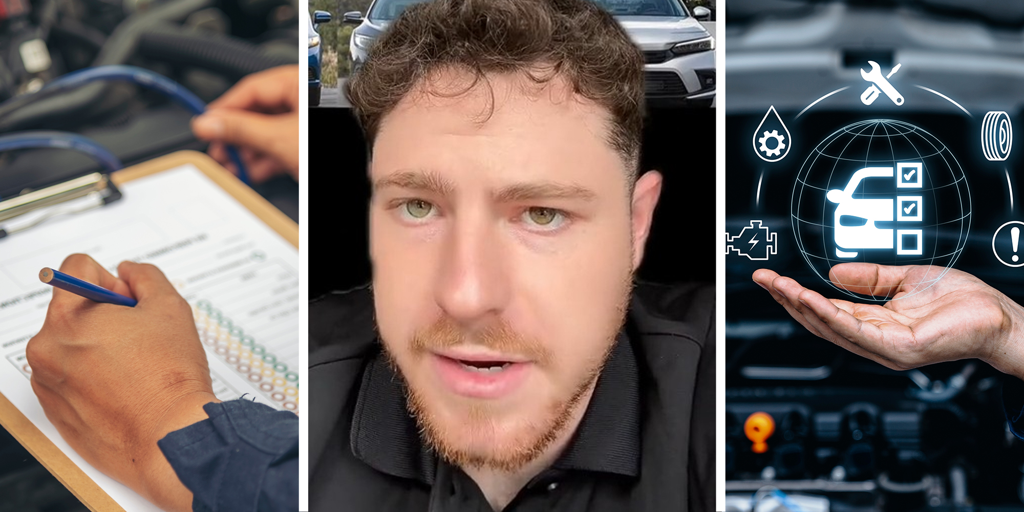 Mechanic with Checklist inspecting car(l) Expert sharing best cars that perform with maintenance(c) Hand showing vehicle icons (r)